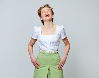 Bluse "Austin" mit Carréausschnitt und Puffärmeln im Vintage Stil