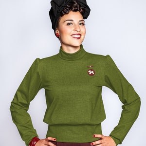 Koszula z długim rękawem „Marie” kolory zieleń mchu, musztarda, dynia, zieleń, czerwień, czerń w stylu vintage, sweter z golfem, sweter, styl lat 40.