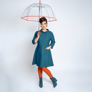 Sukienka „Jean” Sukienka o linii A w stylu vintage z lat 60., kolory benzyna, wino, antracyt, pomarańcz