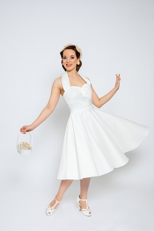 Ropa Rockabilly Retro Comprar Ropa Pin Up Online Wedding Dress Gina Atomic, Halter Neck Dress In Vintage Style, Petticoat Dress In 1950s 1960s Style