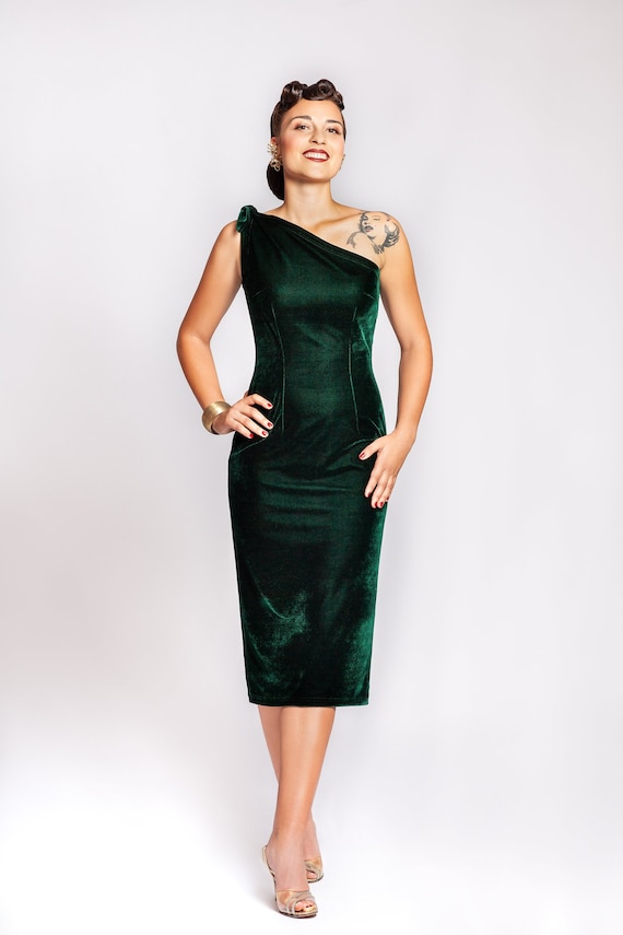 One Shoulder Dress Silverline Violet, Green, Bordeaux, Velvet Dress 1950s 1960s Style