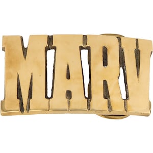 Etiqueta de nombre de latón nuevo Marv Marvin Marvey de los años 70 con hebilla de cinturón vintage estilo hippie retro con letras de burbuja y barra "Hola, mi amor"