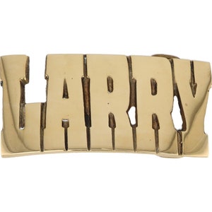 Etiqueta de nombre de latón nuevo de Larry Laurence Lawrence, hebilla de cinturón vintage de los años 70 con letras de burbuja estilo hippie retro, estilo hippie, Hola mi amor