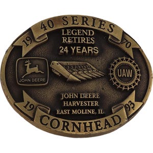 John Deere Harvester Works Combine 40 Cornhead Logo Uaw Vintage Belt Buckle Farm Farmer Tractor Construction Farming Equipment Ag