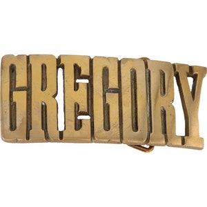 Etiqueta de nombre Gregory Greg Gregg Gregory de latón nuevo, hebilla de cinturón vintage de los años 80, estilo hippie, retro, con letras de burbuja, Hola mi Is