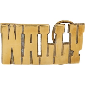 Nueva etiqueta de nombre de latón Wally Walt Walter, hebilla de cinturón vintage de los años 70 con números, estilo hippie, estilo retro, con letras de burbuja y barra "Hola, mi hijo"