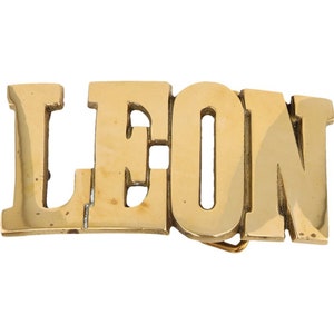Etiqueta de nombre de latón nuevo Leon Leo Lenny Leonard, hebilla de cinturón vintage de los años 80, estilo hippie, estilo retro, con letras de burbuja, de Hello My Is