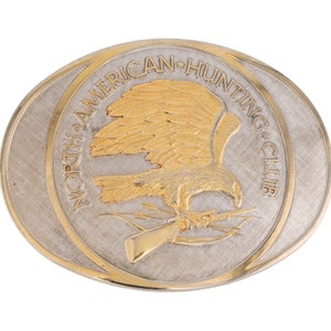 Hebilla de cinturón vintage de oro de 24 quilates del North American Hunting Club Nahc para cazador de ciervos, ciervos, ciervos, ciervos, escopeta, rifle, pistola, arco y tiro con arco.