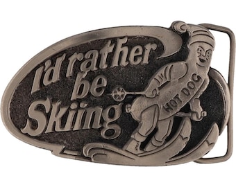 New Ski Skiing Skier Downhill Powder Day Hot Dog 70s NOS Vintage Belt Buckle Winter Snow Slopes Bunny Hill Skis Sport Vail K2