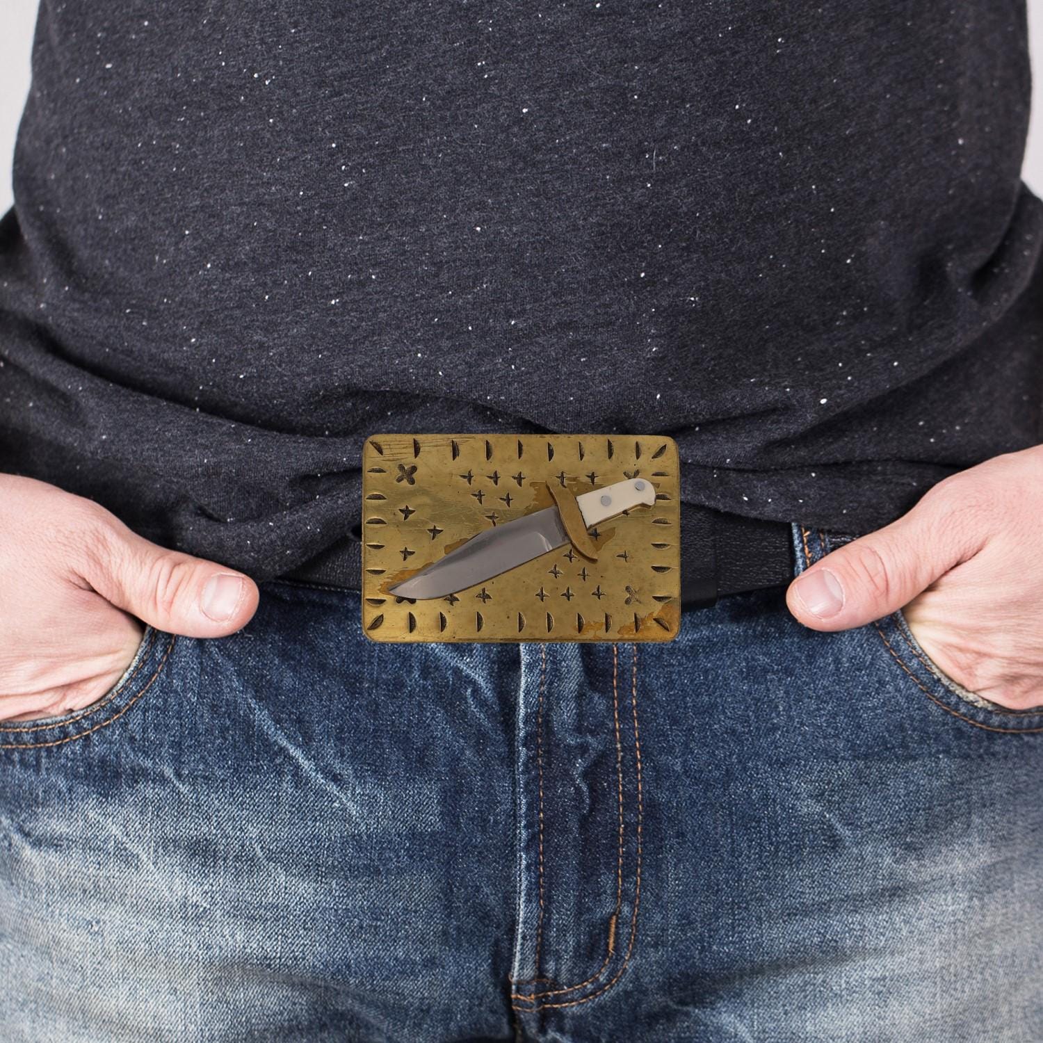 Coltello Arburesa Fibbia Per Cintura Western In Ottone Antico Set Da 3 Pezzi Design Floreale N 619353 - Foto 11