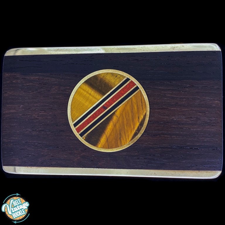 Brass Exotic Wood Inlay Santa Fe Stoneworks Modernist Geometric Lapidary Stone Coral 70s NOS Vintage Belt Buckle Hippie Cowgirl Cowboy Etsy