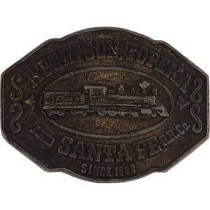 Atchison Topeka Santa Fe Railway Steam Locomotive Train 70s Vintage Belt Buckle Engine Western Railroad 1868 Kansas Heritage Icon