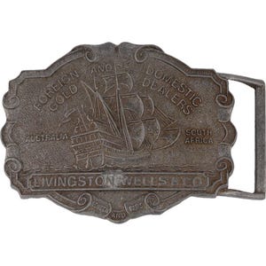 Venditore di pegno d&#39;oro, agente di antiquariato, goletta, veliero, fibbia per cintura vintage anni &#39;80, nave pirata, clipper, gioielli, gioielliere, Africa, Australia