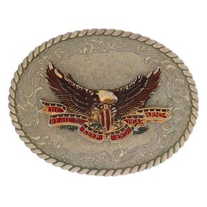 May include: Oval-shaped belt buckle with a detailed eagle design. The eagle has outstretched wings and is brown and white. The buckle has the text "THE RIGHT TO KEEP AND BEAR ARMS" on a red banner. The border is a rope design.