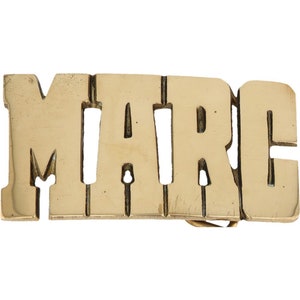 Etiqueta de nombre de latón nuevo Marc Mark Marco Marcus, hebilla de cinturón vintage de los años 80, estilo hippie, estilo retro, con letras de burbuja, estilo hippie, Hola, mi hijo