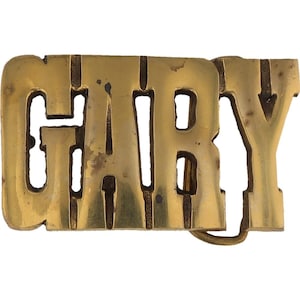 Hebilla de cinturón de latón con nombre de Gary Garry Garret Garin, estilo vaquero occidental, años 70, estilo hippie, estilo retro, con letras de burbuja y barra. Hola, mi hijo.