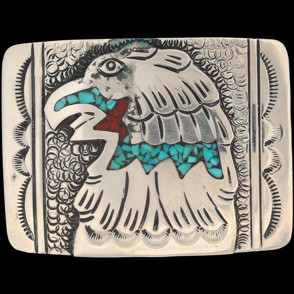 N Silver Small J Nezzie Turquoise Native American Handmade Kids 1980s Vintage Belt Buckle Boy Girl Children Southwest Stamped Concho Western