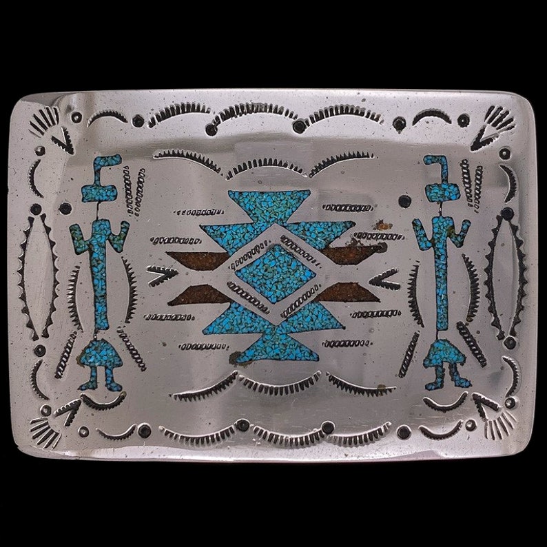 Kachina Turquoise Coral Native American Tribal Indian Artwork Art Southwest Hippie Western Cowgirl Gift N Silver NOS Vintage Belt Buckle