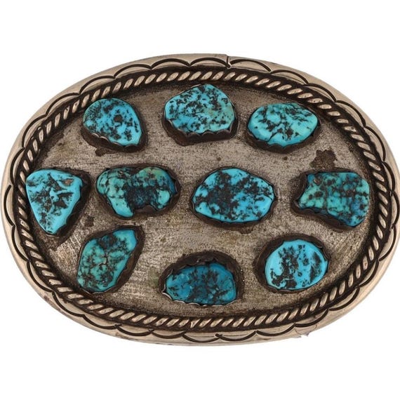 Turquoise School Bud Unique Vintage Native American Navajo Sterling Silver Buckle Turquoise School Bud Unique Vintage Native American Navajo Sterling Silver Buckle