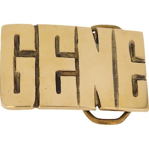 Etiqueta de nombre Gene Eugene Geno Genesis de latón nuevo, hebilla de cinturón vintage de los años 70 con letras de burbuja estilo hippie retro, barra con texto "Hola, mi hijo"