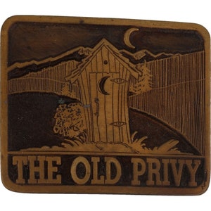 Privy Port-A-Potty Joke Outdoor Toilet Pun Funny Outhouse 1970s Vintage Belt Buckle Portable Backyard Crapper Rustic Restroom Loo Wc Humor