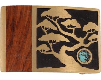 Vintage Kenneth Reid Belt Buckle: Wood, Brass & Turquoise  display picture 2