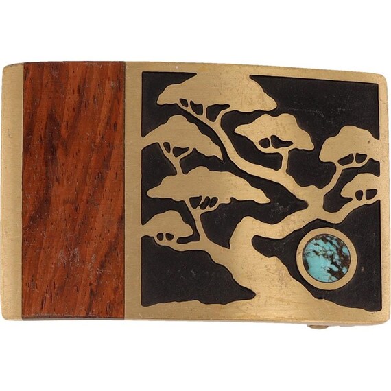 Vintage Brass with Inlaid Wood Tree with Full Moon or Sun Belt Buckle Vintage 1970s Handmade Bronze Brass Tree Branch Full Moon  main image 2