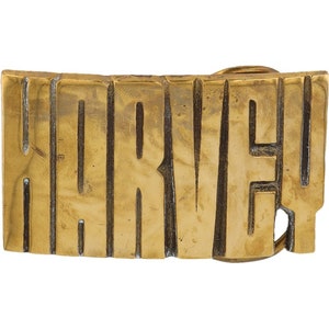 Etiqueta de nombre de latón nuevo Harvey Harv Harvin Harvie, hebilla de cinturón vintage de los años 70 con letras de burbuja estilo hippie retro, barra con texto "Hola, mi hijo"