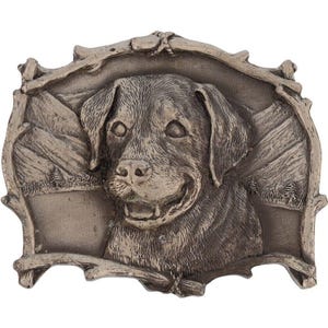 Golden Retriever Pato Ave Perro Caza Cazador Western 1990s Vintage Cinturón Hebilla Western Temporada Juego Naturaleza Vida Silvestre Pesca Drake Aves Acuáticas