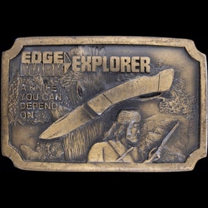 Edgemark Explorer Folding Pocket Knife Knives Collector 1970s Vintage Belt Buckle Cutlery Pocket Stag Maker Cowboy Hunter Hunting Hunt Fish