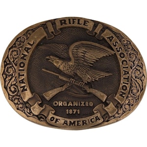 Hebilla de cinturón vintage de los años 80 de la Asociación Nacional del Rifle de latón NRA, derechos de armas, revólver, pistola, revólver .44, pistola, vaquero, cazador, 2.º cargador