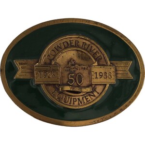 Powder River Equipment Farming Ranch Supply Rancher 1980s Vintage Belt Buckle Agriculture Ag