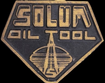 1980s Solum Oil Tool Oilfield Services Occupational Advertising Collectible Solid Brass Vintage Belt Buckle