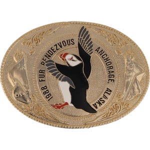 Fur Rendezvous Anchorage Alaska Rondy Trap Trapping 80s Nos Vintage Belt Buckle Trapper Festival Winter Trade Beaver Pelt