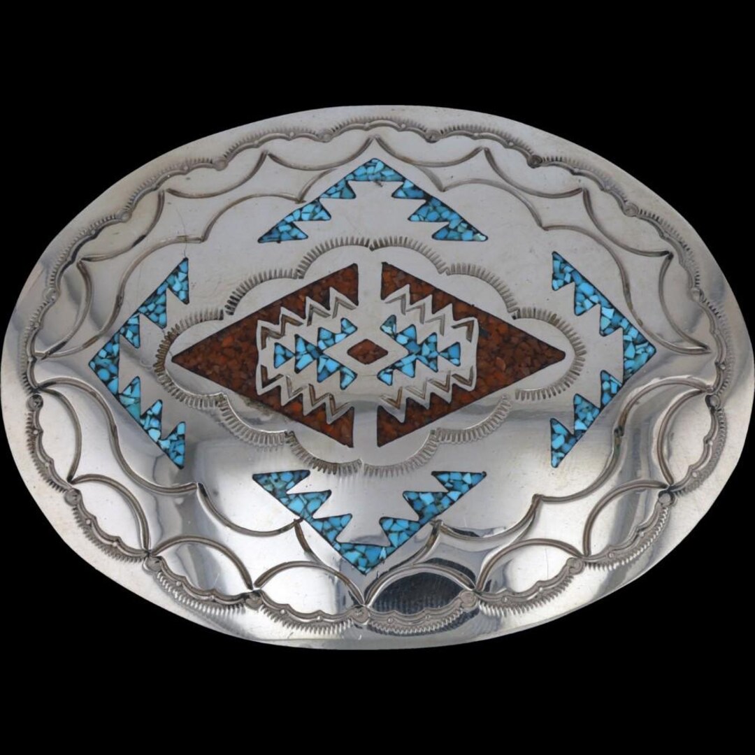 NAKAI Silver Turquoise and Coral Belt Buckle Indian Navajo Vintage NAKAI Native American Art Turquoise Coral Inlay  main image 4