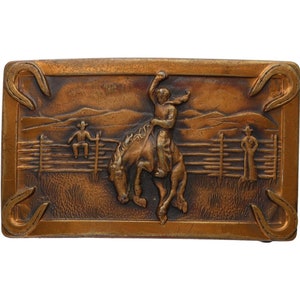 Brass Antique Cowboy Bucking Horse Bronc Rider Western Rodeo 1960s Vintage Belt Buckle