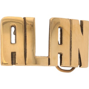 Etiqueta de nombre de latón nuevo Alan Alen Aland Alon Alun, hebilla de cinturón vintage de los años 70 con letras de burbuja estilo hippie retro Hola mi Is