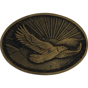 May include: Oval-shaped, antique brass belt buckle featuring a detailed relief of an eagle in flight against a backdrop of a rising sun and mountain range. The eagle's wings are outstretched, and the sun's rays emanate from behind the mountains.