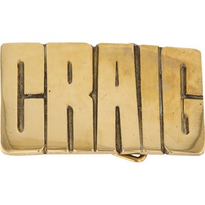 Etiqueta de nombre de Craig Craigory Craigson Craigton de latón nuevo, hebilla de cinturón vintage de los años 70 con letras de burbuja estilo hippie retro, con texto "Hola, mi hijo"