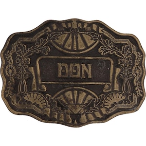 Hebilla de cinturón vintage con diseño floral retro de burbujas y letras de Don Donald Donovan, Donnie Donny, vaquero, western, años 80