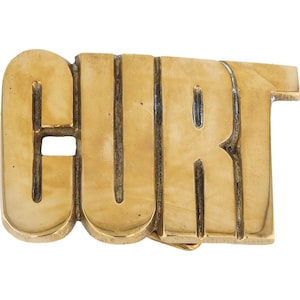 Hebilla de cinturón vintage de latón nuevo de Curt Curtis Curton Curtez de los años 70 con barra de letras de burbuja estilo hippie retro Hola mi Is