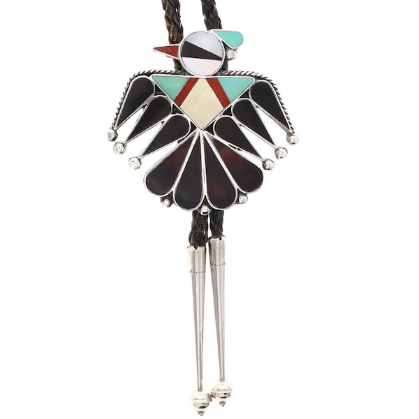 Sterling Silver Turquoise Coral 925 Zuni Thunderbird Bird Bolo Tie Necklace Knifewing Kachina Cowgirl Handmade Cowboy Inlaid Inlay