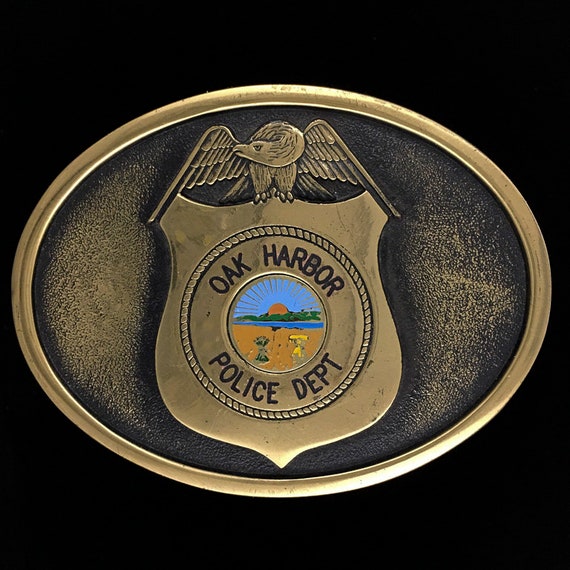 Oak Harbor Washington Ohpd Police Department Law Enforcement Solid Brass  1980s Commemorative Collectible Memorabilia Vintage Belt Buckle