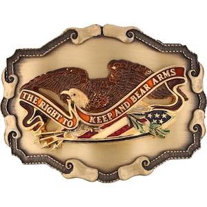 Nuevos derechos de armas Artículo 2 II Segunda Enmienda Números de la década de 1970 Hebilla de cinturón vintage Vaquera vaquera Ak 47 Rifle AR 15 Pistola Pistola