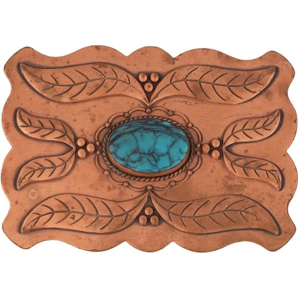 Native American Tribal Indian Faux Turquoise Cowgirl 1980s Vintage Belt Buckle Cowboy Southwest Southwestern Concho Copper Floral Flower