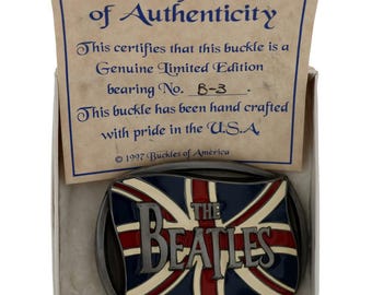 Nueva hebilla de cinturón vintage para fanáticos de la música rock británica de The Beatles, bandera de la Unión Jack, Liverpool, Merseybeat, Abbey Road, Apple Corps Fanclub Collector
