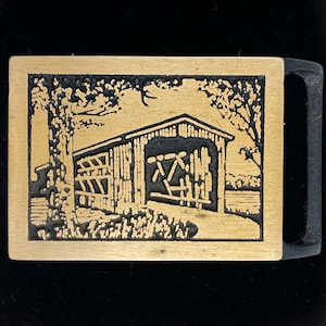 Tech Ether Guild Langley Covered Bridge Centreville Michigan Hippie Art Solid Brass 1970s Vintage Belt Buckle