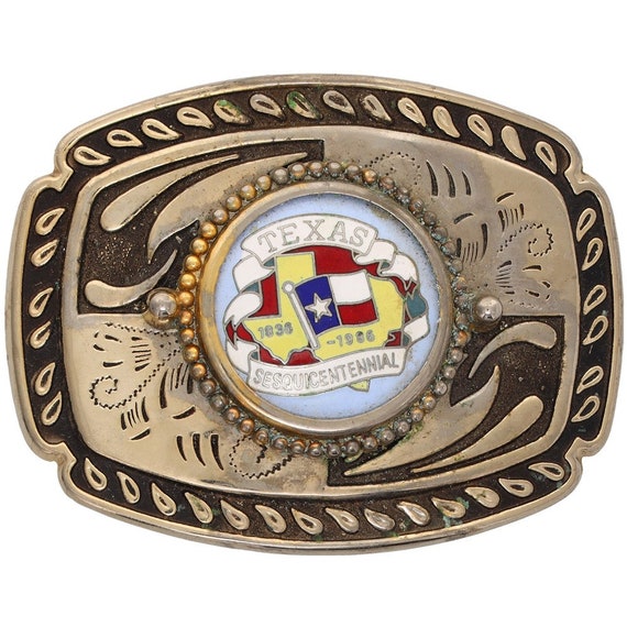 150th Anniversary Texas Sesquicentennial Texan Western 80s Vintage Belt  Buckle Ft Worth Houston San Antonio Dallas Longhorn Cowboy Western