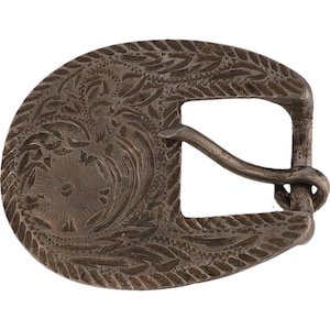 Sm G Silver Western Americana Cowboy Traditional Prong 1980s Vintage Belt Buckle Engraved Etched Ornate Horseback Riding Gear