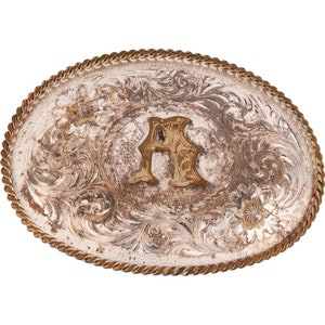 Hebilla de cinturón vintage con inicial de la letra A en plata de ley, con el nombre Alex, Alec, Al Albert, Alfred, Alfonso, Alice, diseño floral de vaquero occidental y vaquera.